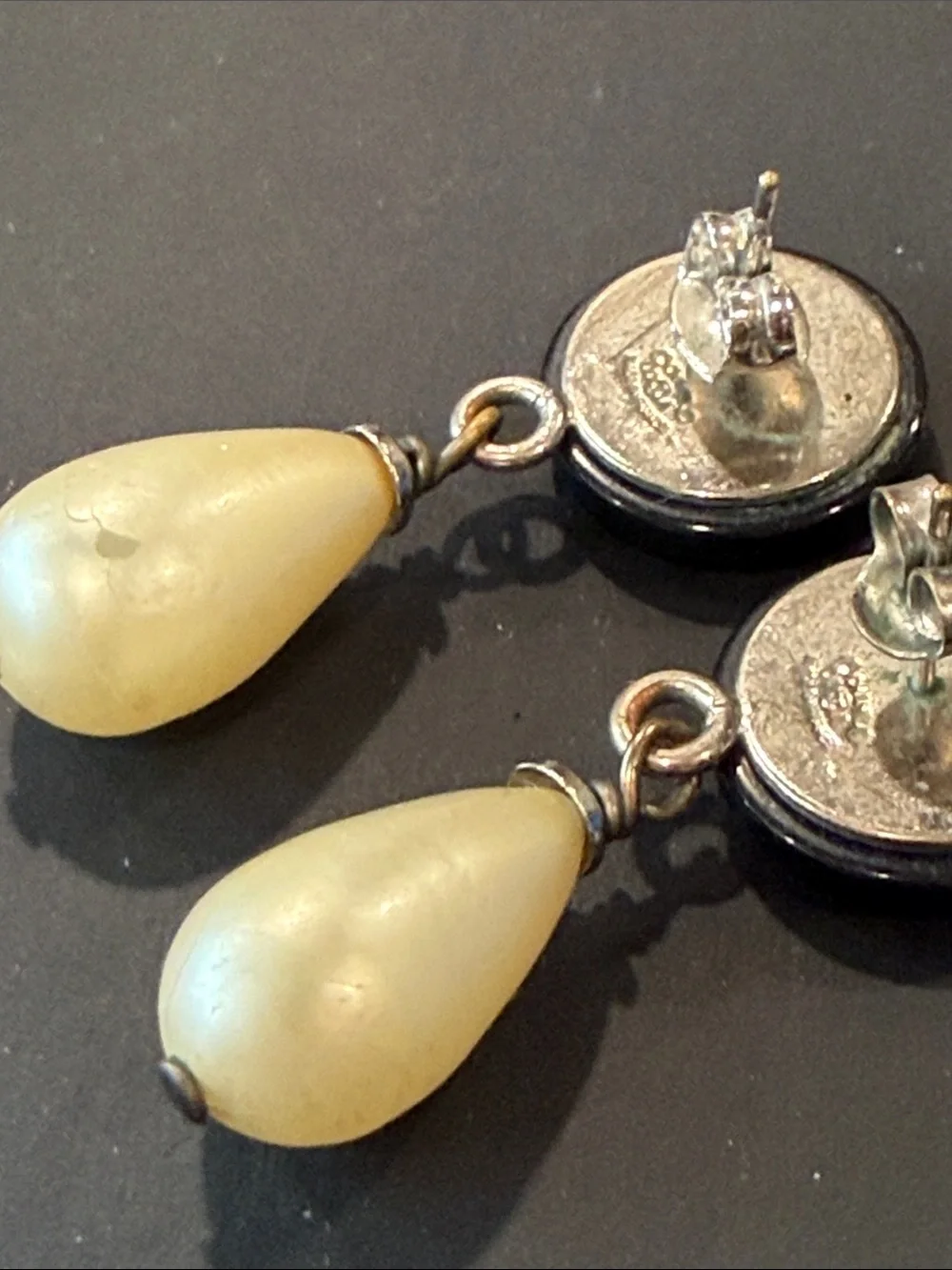 CHANEL Black Button and Cream Teardrop Pearl Drop Earrings